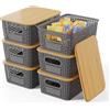 Shrivee Set di 6 5L Scatole portaoggetti di Plastica con Bambù Coperchio Impilabili Salvaspazio Storage Cestini per Bagno Cucina Armadio Ufficio