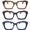 MMOWW Confezione da 3 Occhiali da Lettura Rettangolari - Oversized Square Frame Anti Luce Blu Occhiali donna uomo (Nero+Blu+Tartaruga, +1.75)