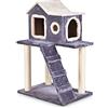 GYMAX Albero Tiragraffi in Legno, Albero con Scala e Cuccia dei Gatti a 2 Livelli, Telaio Ricoperto da Tessuto Felpato, Avvolto da Corda di Sisal, Peso Massimo 13 kg, Grigio Scuro, 60x45x88 cm