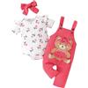 UUAISSO Vestiti per Neonate Top Floreali Tuta Orso Salopette Regolabile Tuta Set di Abiti Rosa Rosso 3-6 mesi