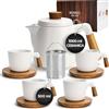 MIAMIO - Set di teiere in ceramica da 1000 ml con infusore e tazze/colino per il tè, 4 tazze (300 ml), piattini in bambù/manico per casa e ufficio (Bianco)