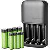 Amazon Basics Batterie con caricabatterie a 4 alloggiamenti, spina UE, 4 AAA 800mAh + 4 AA 2000mAh, Nero, 8 unità