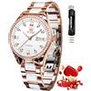 OLEVS Orologio automatico da donna a carica automatica, orologio da polso da donna con diamanti, orologio di lusso in ceramica oro rosa per donne amore cuore data, 6637: bianco, Bracciale