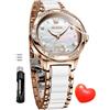 OLEVS Orologio automatico da donna a carica automatica, orologio da polso da donna con diamanti, orologio di lusso in ceramica oro rosa per donne amore cuore data, 6631: bianco