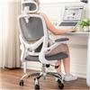 TONFARY Sedia da ufficio ergonomica per casa, schienale alto in rete, con supporto lombare regolabile, braccioli pieghevoli, poggiatesta rimovibile, salvaspazio, 150 kg (bianco+grigio)