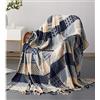 ele ELEOPTION Coperta da Tiro in Ciniglia, Nappe Jacquard Coperta da Tiro Coprisedile per Divano Decorativo Divano da Letto Sedia Morbida, Motivo Tribale Popolare (150 x 190 CM, Griglia Blu)