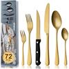 BEWOS set posate da 72 pezzi con coltelli da bistecca per 12 person, Oro posate in acciaio inox per la cucina, set di coltelli, cucchiai, forchette con lucidatura a specchio, lavabile in lavastoviglie