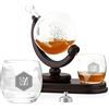 Maverton Decanter per Whisky in vetro - incisione personalizzata - Caraffa a forma di mappamondo da 850 ml + 2 bicchieri whisky - idee regalo donna - esagono