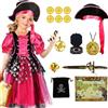 Kitimi Costume Pirata Ragazza, Vestito Pirate Bambina con Pirata Bandana Toppa Borsa Orecchino, Pirata Costumi Carnevale Bambino Vestito Cosplay(L)