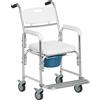 HOMCOM Sedia Comoda con Ruote per Anziani 3 in 1, Sedia per WC in Alluminio con Secchio Rimovibile, Bianco