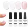 Vnicesli 4 in 1 Base Rubber Gel, 4 Colori Trasparente Smalto Semipermanente Clear Bianco Latte Rosa Glitter, Elastic Rubber Base Coat Soak Off UV/LED Smalto Rinforzante Unghie - Kit 04-24