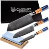 Cassary Set coltelli da cucina professionali giapponesi in acciaio damasco con pietra affilacoltelli professionale. Coltello damasco giapponese con pietra per affilare per chefs e amanti della cucina (3 set)