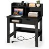 COSTWAY Scrivania Piccola con Libreria, Scrivania Salvaspazio con Prese di Corrente, Porte USB, Tipo C, Cassetto, Ripiano Superiore e Ripiano Aperto, per Casa, Ufficio e Studio (Nero)