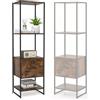 HOMASIS Libreria da Parete a 4 Ripiani e Cassetto, Libreria Verticale a Colonna da Terra in Legno, Struttura in Metallo, Scaffale ad Angolo per Soggiorno, Studio, Cucina, 45 x 35 x 160 cm (Marrone)