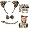 TUONYIS 5 Pezzi Costumi Animali Bambini, Adesivo con Stampa Leopardata Leopardo Cerchietti Orecchie Leopardo Coda Papillon, Kit di Travestimento per Carnevale Festa di Compleanno Halloween (Marrone)