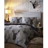 DE CAMA Set per Copripiumino Matrimoniale Reversibile quadrettato, Design Tartan con Cervo, Grigio