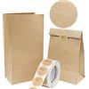 Vandicka 100 Sacchetti di Carta Kraft Marrone ed Etichette, Sacchetti per Alimenti, Sacchetti Regalo per Feste, Sacchetti da Asporto, Sacchetti di Carta per Pane, Pasticcini, Spuntini - 21,5x12x6,7 cm
