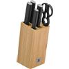 WMF Kineo - Set 6 pezzi, 4 coltelli con lama in acciaio temprato speciale e forbici multiuso con supporto FlexTec in bambù