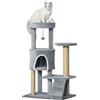 PawHut Albero Tiragraffi per Gatti con Trespolo, Casetta, Rampa e Pallina, in Legno e Peluche, 60x40x100 cm, Grigio Chiaro