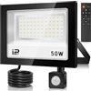 VRFMALIY Faretto LED da 50 W, con sensore di movimento, per esterni, 5000 lm, 7000 K, super luminoso, IP67, impermeabile, con telecomando, luce bianca fredda, per giardino, garage, campo sportivo, cortile