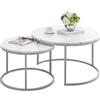 Ginhow Tavolino da caffè finitura effetto marmo, tavolo da salotto e sala caffè (diametro 80 e 60 cm) grande tavolo rotondo, in MDF, bianco effetto marmo con telaio in acciaio argentato