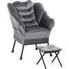HOMCOM Poltrona Moderna con Poggiapiedi e 2 Tasche Laterali, in Tessuto Effetto Velluto e Acciaio, 80x78x100 cm, Grigio