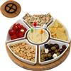 PLATEYTR Piatto da Portata Rotante, Set di 6 Piatti + Vassoio Rotante in bambù + Coperchio in bambù + forchetta per Frutta, 6 Ciotole in Porcellana Bianca e Un Vassoio in bambù (29 x 29 x 5 cm)