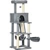 PawHut Albero Tiragraffi per Gatti Adulti e Gattini con Pali in Sisal, Casetta, Lettino e Amache in Peluche, 48x48x140cm, Grigio