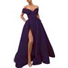 Generic Abito da sera lungo in raso, con scollo a V, maxi abito sexy da sera, per matrimonio, elegante, da ballo, principessa, per estate, primavera, senza spalle scoperte, linea A, per damigella d'onore, blu