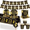 MORAINJAY Stoviglie Per Festa 13 Anni Compleanno, Set da 70 Pezzi Oro Nero, Piatti di Carta 13° Compleanno, Bicchieri, Tovaglioli, Striscione di Carta, Decorazioni Festa 13 Anni Compleanno