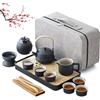 Mlijzard Set da tè giapponese cinese, Gongfu, 14 pezzi, teiera portatile in ceramica nera, con 6 tazze da tè e vassoio, set da tè tradizionale in porcellana smaltata, regalo per adulti, uomini e donne amanti