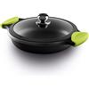 Fundix Castey - induzione casseruola Bassa con Coperchio in Vetro e Silicone Maniglie Laterali, 32 cm, in ghisa di Alluminio, Nero, 25 x 32 x 7.5 cm