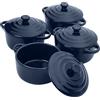 Belle Vous Set Mini Cocotte Terracotta Con Coperchi (Confezioni da 4) - Set Terrine da Forno Rotonde 170ml Blu Scuro - Con Coperchi e Manici Per Cuocere Al Forno, Souffle, Crème Brulée e Lasagne