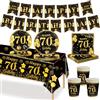 MORAINJAY Stoviglie Per Festa, Set da 70 Pezzi Oro Nero, Piatti di Carta 70° Compleanno, Bicchieri, Tovaglioli, Striscione di Carta, Decorazioni per Festa di Anniversario 70 Anni