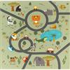 the carpet Happy Life - Tappeto da gioco per bambini, lavabile, con raffigurazione di una strada, giungla con auto e animali, sfondo verde, 200 x 200 cm