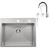 Auralum Lavabo da cucina 55 x 45 cm + rubinetto flessibile da cucina con 2 tipi di getto, lavello in acciaio inox, rettangolare, con dispenser di sapone e sifone, lavello da incasso, 1 vasca