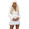 FeMereina Vestiti da donna con cappuccio in pelliccia pelosa di Natale da donna Mini abito aderente a maniche lunghe con scollo a V Abito di Natale con cappuccio, bianco, L