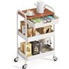 KINGRACK Carrello Cucina, Carrello Estetista a 3 Ripiani, Carrellino Salvaspazio con Cassetti, Carrello Bagno con Ruote, Carrello Portaoggetti con Piano da Legno Tavolo, Bianco (Marrone scuro)