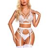 RSLOVE Lingerie sexy da donna, reggiseno e mutandine, 3 pezzi, in pizzo con reggicalze, rosso, L
