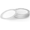 Matana 20 Piatti Dessert in Plastica Bianca Premium con Bordo Argento, 19cm - Eleganti, Resistenti e Riutilizzabili - Matrimoni, Compleanni, Battesimi, BBQ, Natale, Feste