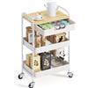 KINGRACK Carrello Cucina, Carrello Estetista a 3 Ripiani, Carrellino Salvaspazio con Cassetti, Carrello Bagno con Ruote, Carrello Portaoggetti con Piano da Legno Tavolo, Bianco (Beige)