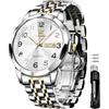 OLEVS Orologio da uomo in acciaio inox, design con diamanti, orologio da polso da uomo, impermeabile, con data e giorno, analogico al quarzo, G9970: cinturino bicolore e quadrante bianco, Classico