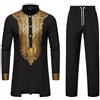 PINTUTU Set da Uomo Africano 2 Pezzi Manica Lunga Stampa Oro e Pantaloni Vestito Tradizionale Sportiva