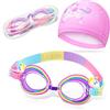 Fiada Cuffia da Nuoto per Bambini Occhialini Regolabili Cappello da Nuotare Elastico Occhiali da Nuoto Antiappannamento di Protezione UV per Ragazzi di 3-15 Anni, 2 Pezzi in Totale (Unicorno)