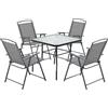 VivaGarden Tavolo da Giardino Quadrato in Metallo con Piano in Vetro con Foro per Ombrellone + 4 Sedie Pieghevoli 46.5x42 cm