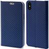Moozy Custodia a Libro per iPhone X, iPhone XS, Carbonio Blu Scuro - Protezione dei Bordi Metallici Flip Cover Portafoglio con Appoggio e Porta Carte