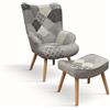KONTE.DESIGN Poltrona HAVANA in tessuto patchwork grigio e gambe in legno, con poggiapiedi