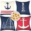 HomeStilez Fodera per Cuscini Nautica Ancora Faro Barca a Vela Fodere per Cuscini 50 x 50 cm da Esterno Impermeabili Blu Navy Copricuscini Decorativi Divano Soggiorno Camera Letto Sedia Ufficio Auto 4 Pack