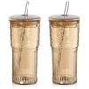 Joeyan 650ml Ambra Bicchieri con Cannuccia e Coperchio, Borosilicato Tumbler Bubble Tea Acqua a Coste,Tazza da Caffè Ghiacciati per Frappè, Frullati, Smoothie, Cocktail,Lavabili in Lavastoviglie