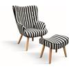 KONTE.DESIGN Poltrona HAVANA in tessuto a righe bianco e nero e gambe in legno, con poggiapiedi